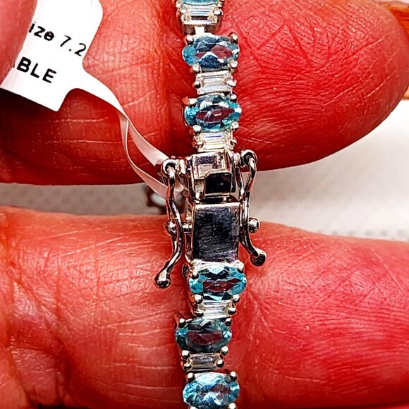 Madagascar Blue Apatite & Moissanite wave tennis bracelet in Rhodium/925SS 7.25" - Picture 4 of 5